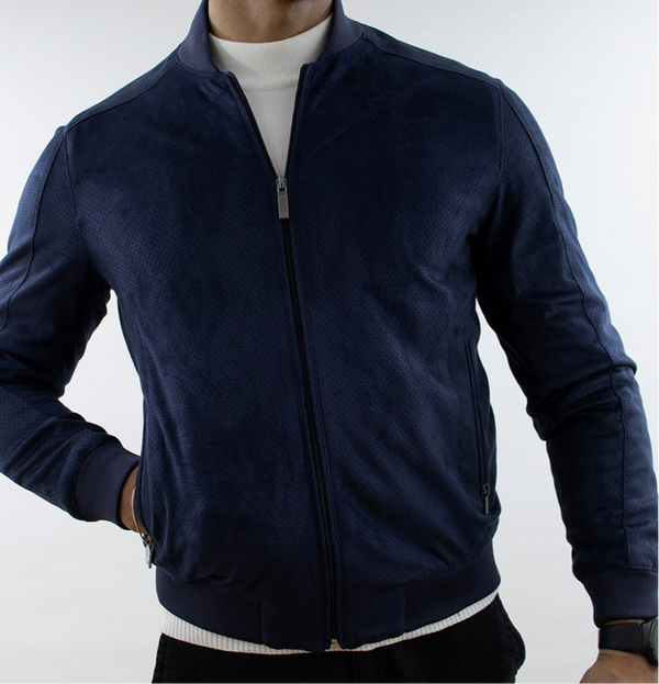 Regular Fit College Collar Bomber Suede Jacket