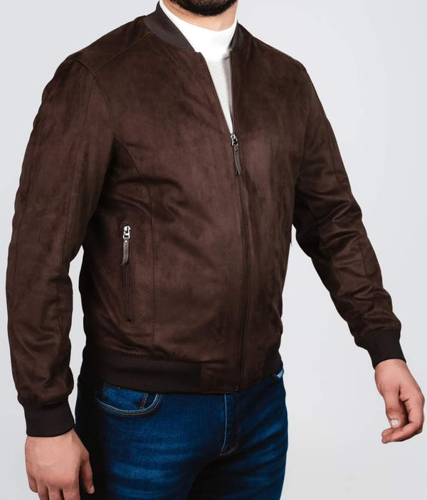 Slim Fit College Collar Bomber Suede Jacket