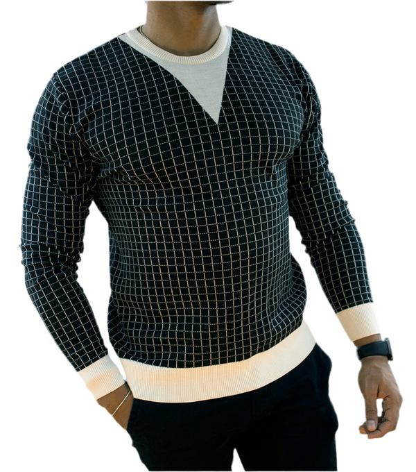 Regular Fit Crew Neck check Knitwear Pullover.  100% fine wool
